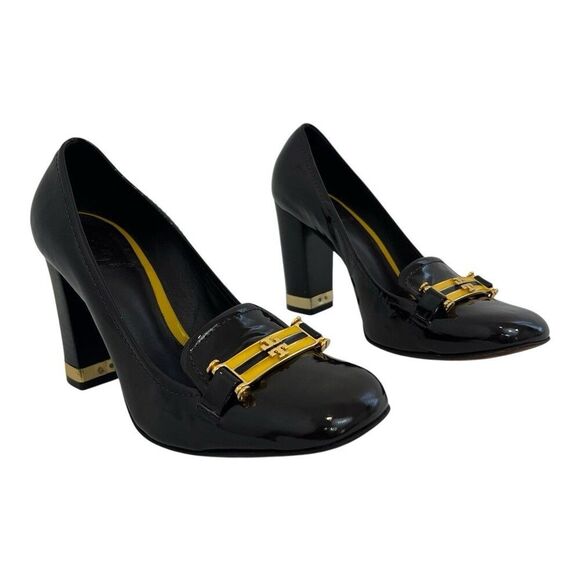 Tory Burch Patent Leather Heels Size 6.5 Brown Yellow Logo Bar Block Heel Loafer - Picture 1 of 8